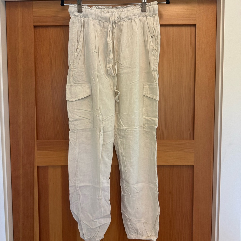 Aerie Double Pocket Tie-Waist Utility Ankle Jogger Cargo Linen Pants Cream